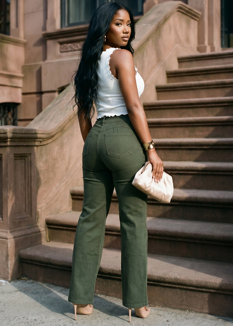 MX JEANS Butt Lift Hyper Stretch Straight Wide Leg Pants Olive