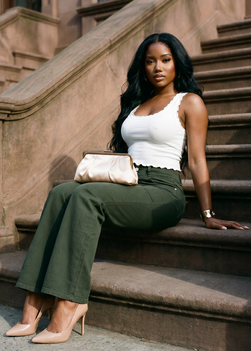 MX JEANS Butt Lift Hyper Stretch Straight Wide Leg Pants Olive