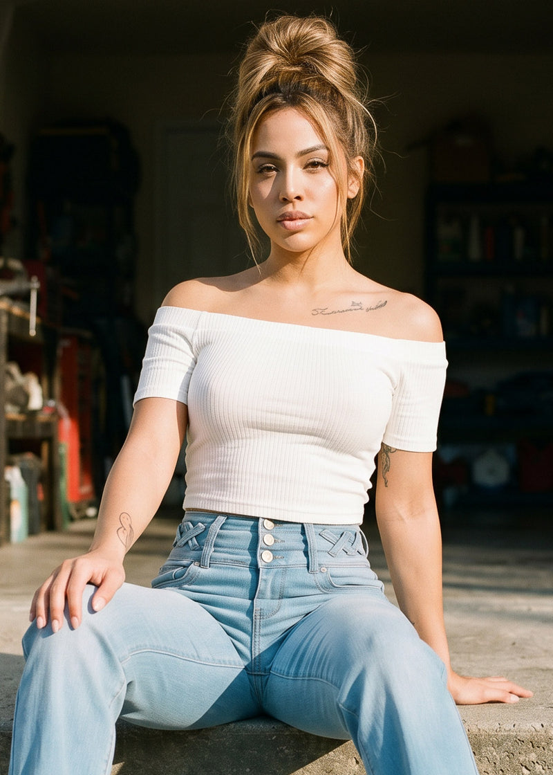Off Shoulder Ribbed Stretch Crop Top Off White
