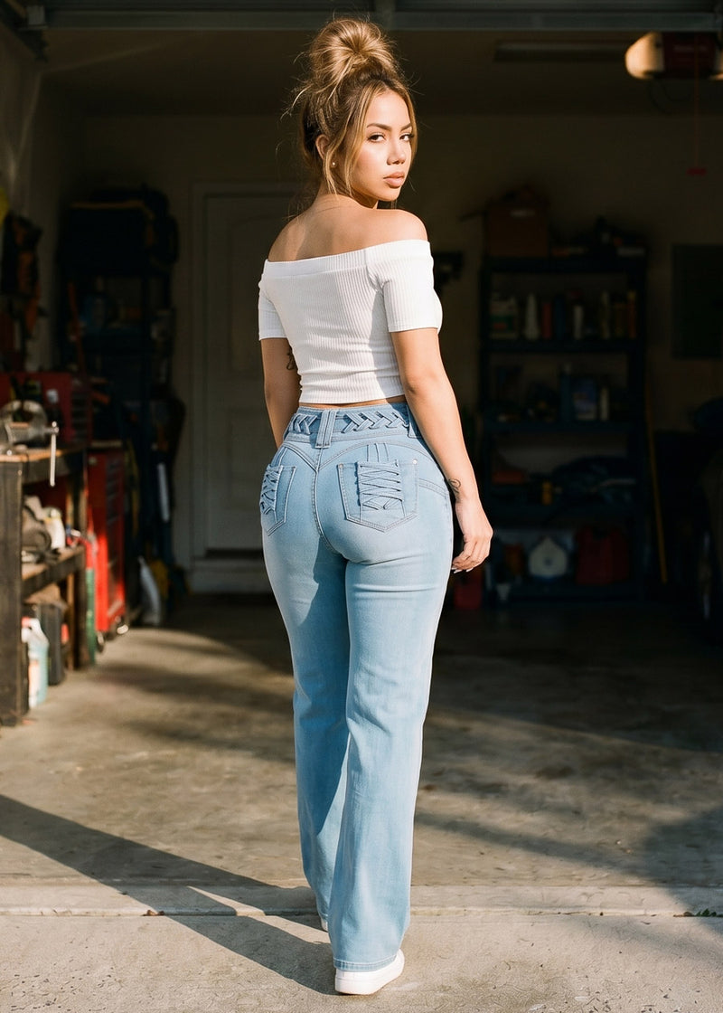 MX JEANS Butt Lift High Waist Wide Leg Stretch Jeans Light Wash w Lace Up Design