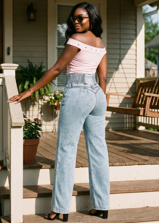 MX JEANS Butt Lift 5 Button Spandex Waist Straight Wide Leg Jeans Acid Wash