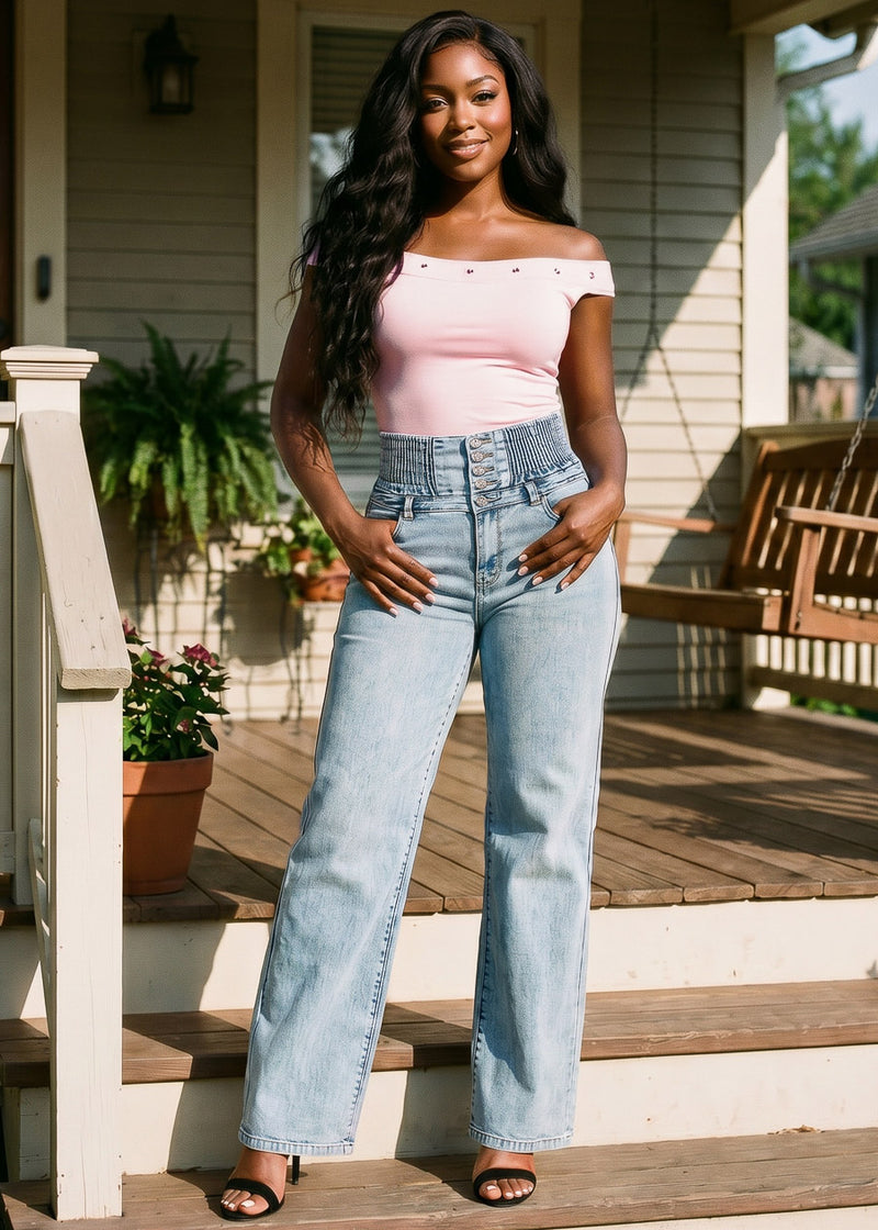Off Shoulder Stretch Top Light Pink w Studded Neckline