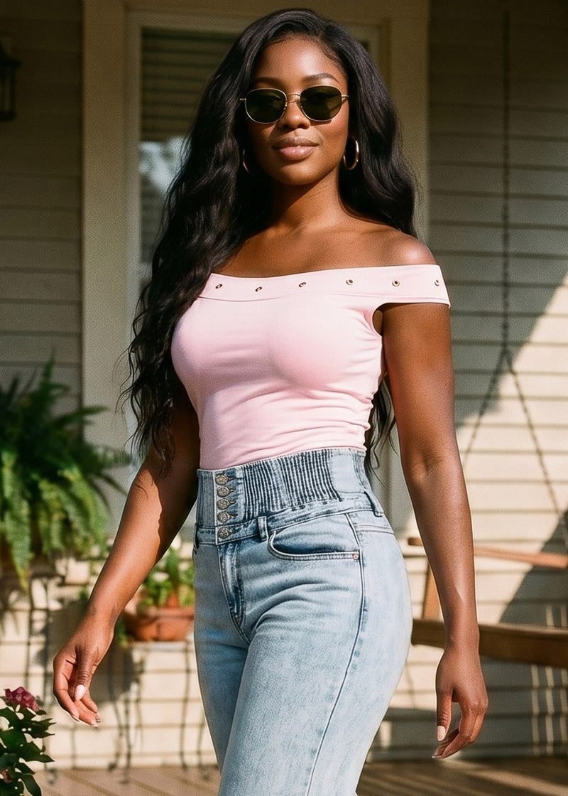 Off Shoulder Stretch Top Light Pink w Studded Neckline