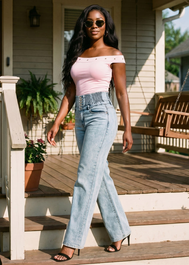 MX JEANS Butt Lift 5 Button Spandex Waist Straight Wide Leg Jeans Acid Wash