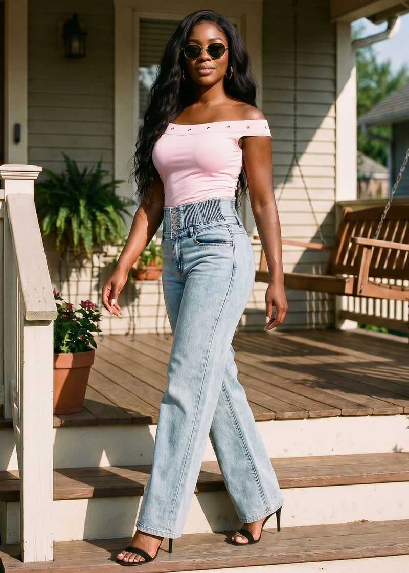 MX JEANS Butt Lift 5 Button Spandex Waist Straight Wide Leg Jeans Acid Wash