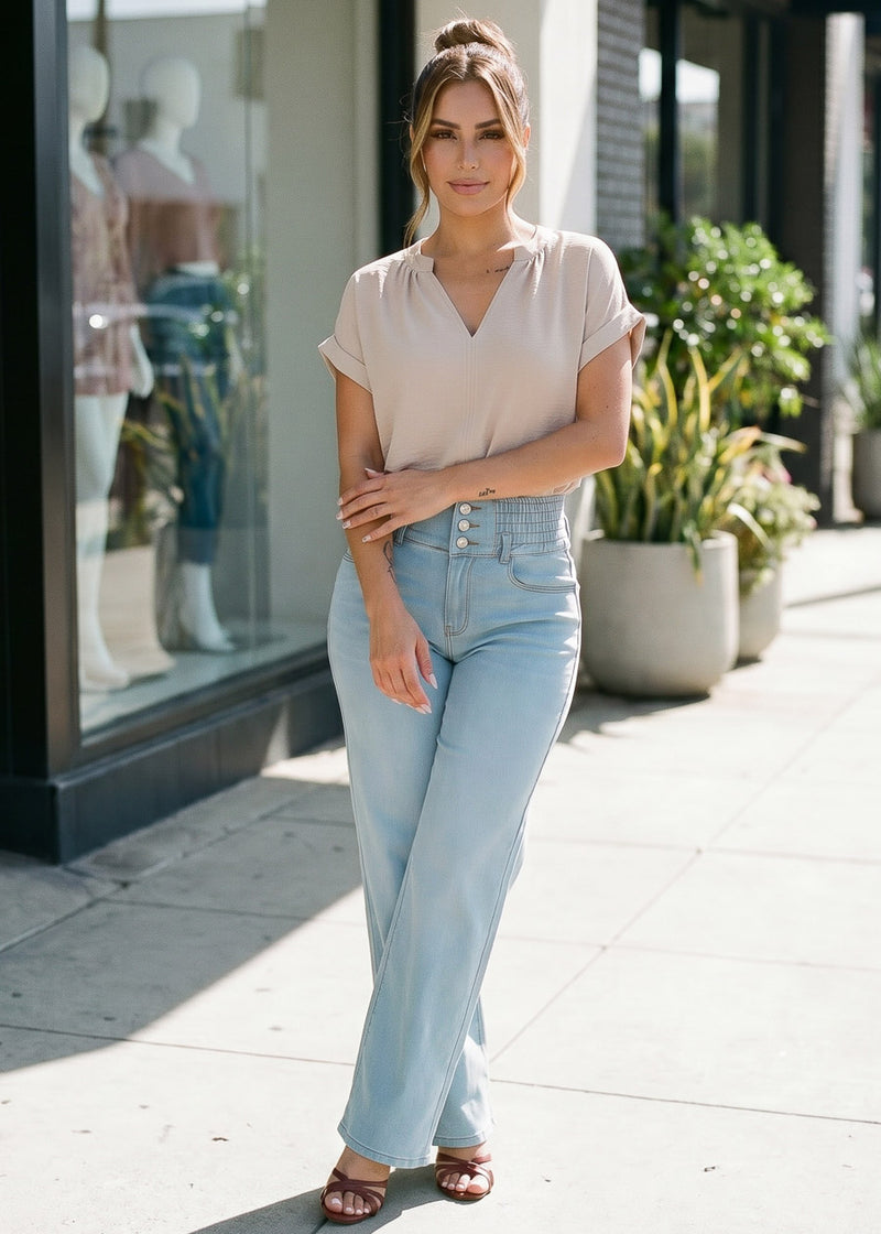 Casual Short Sleeve Vneck Lightweight Blouse Taupe