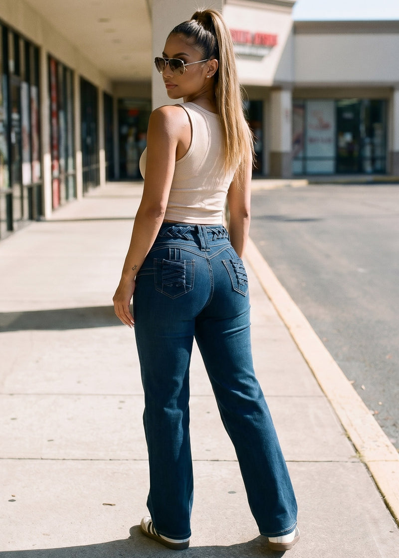 MX JEANS Butt Lift High Waist Wide Leg Stretch Jeans Dark Wash w Lace Up Design
