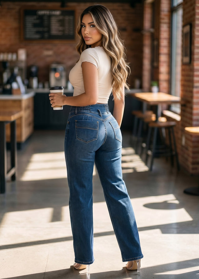 MX JEANS Butt Lift 3 Button Spandex Waist Straight Wide Leg Jeans Dark Blue