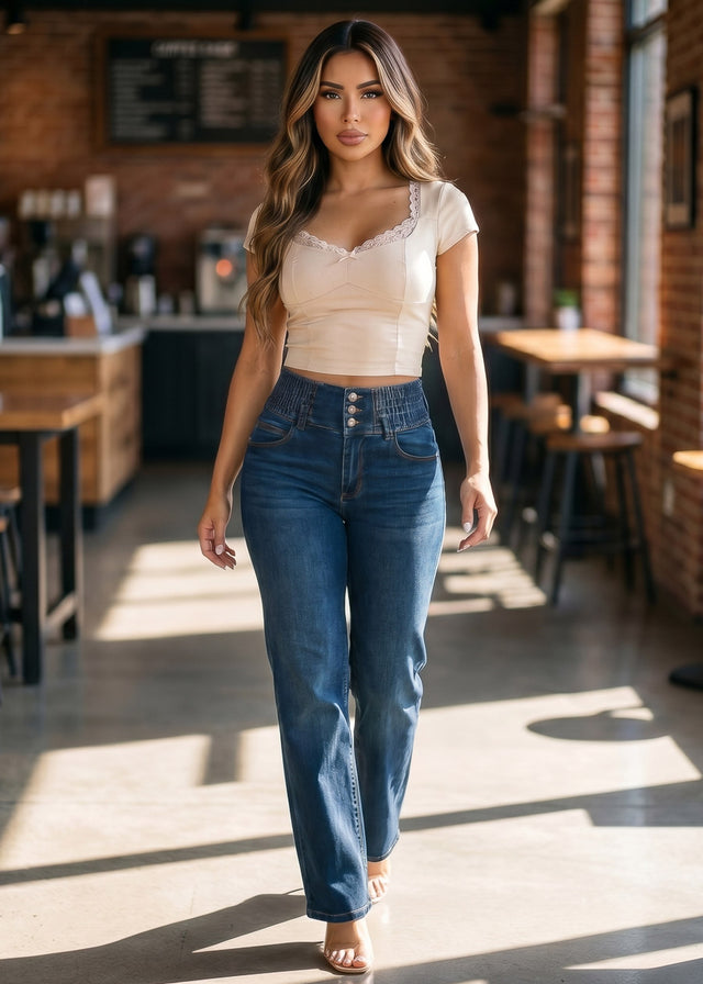 MX JEANS Butt Lift 3 Button Spandex Waist Straight Wide Leg Jeans Dark Blue
