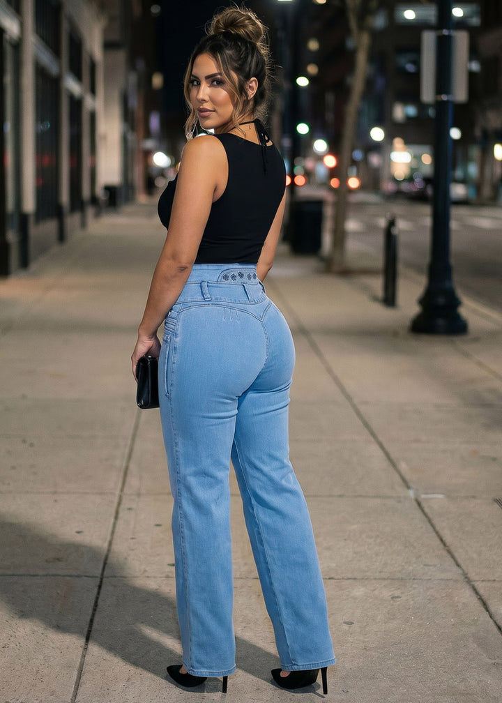 MX JEANS Embroidered Back Butt Lift Wide Leg Stretch Jeans Light Blue