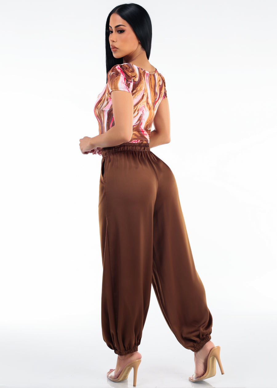 Print Satin Joggers Look