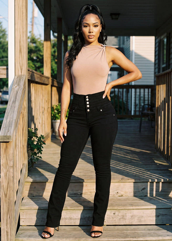 MX JEANS Butt Lift 5 Button Spandex Waist Bootcut Jeans Black
