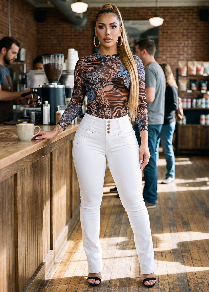 Long Sleeve Mock Neck Printed Mesh Bodysuit Multi
