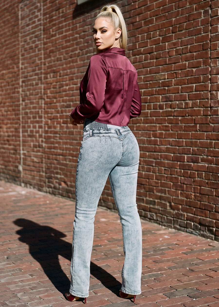 MX JEANS Butt Lift 5 Button Spandex Waist Bootcut Jeans Acid Wash