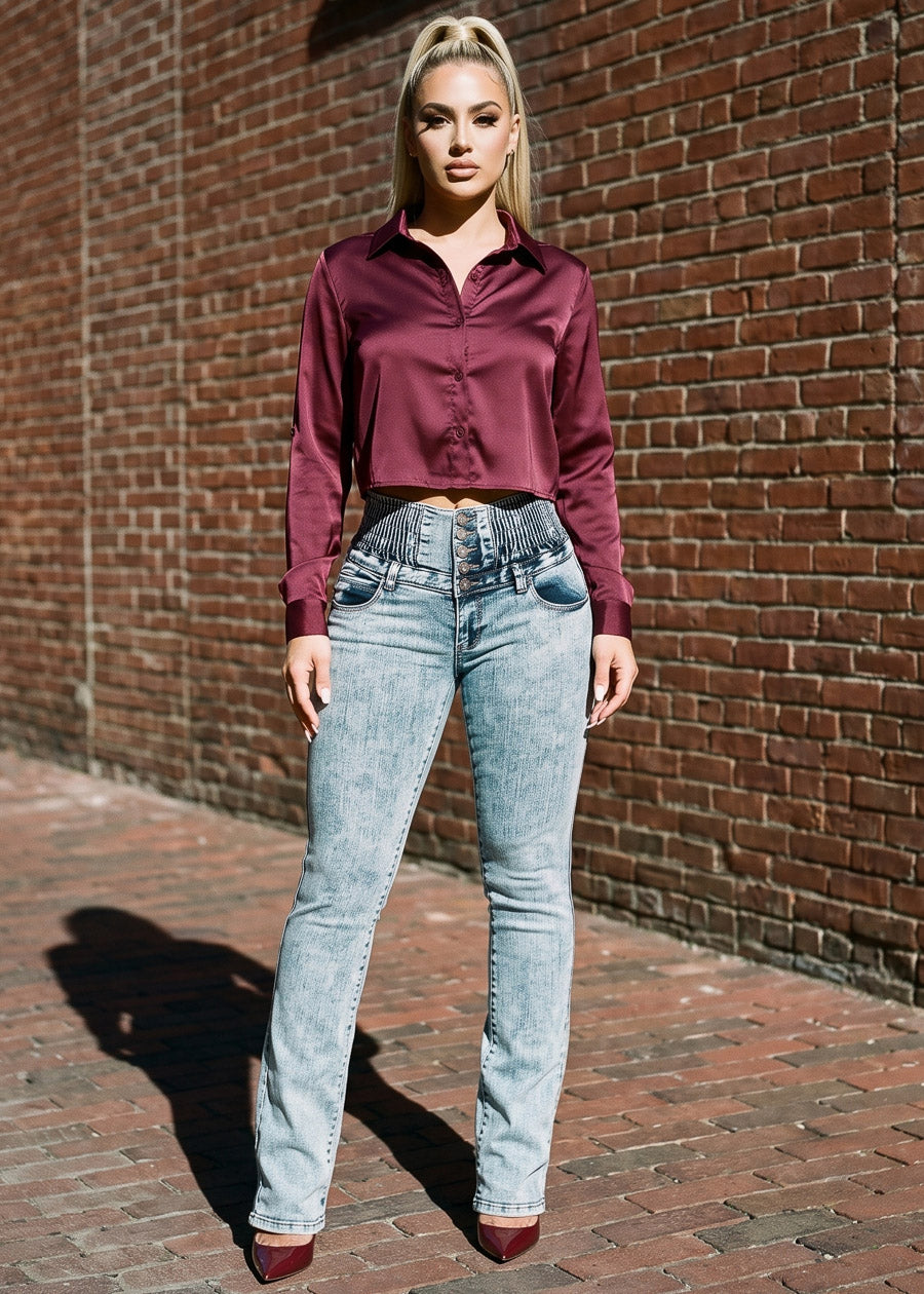 Satin Stretch Long Sleeve Cropped Collared Blouse Dark Burgundy