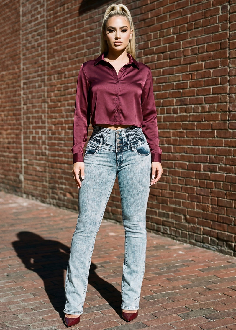 Satin Stretch Long Sleeve Cropped Collared Blouse Dark Burgundy