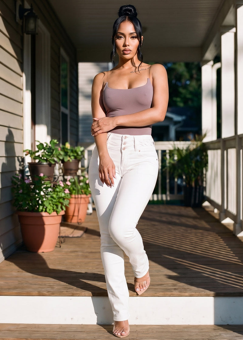 Clear Straps Scoop Neck Stretch Bodysuit Mocha
