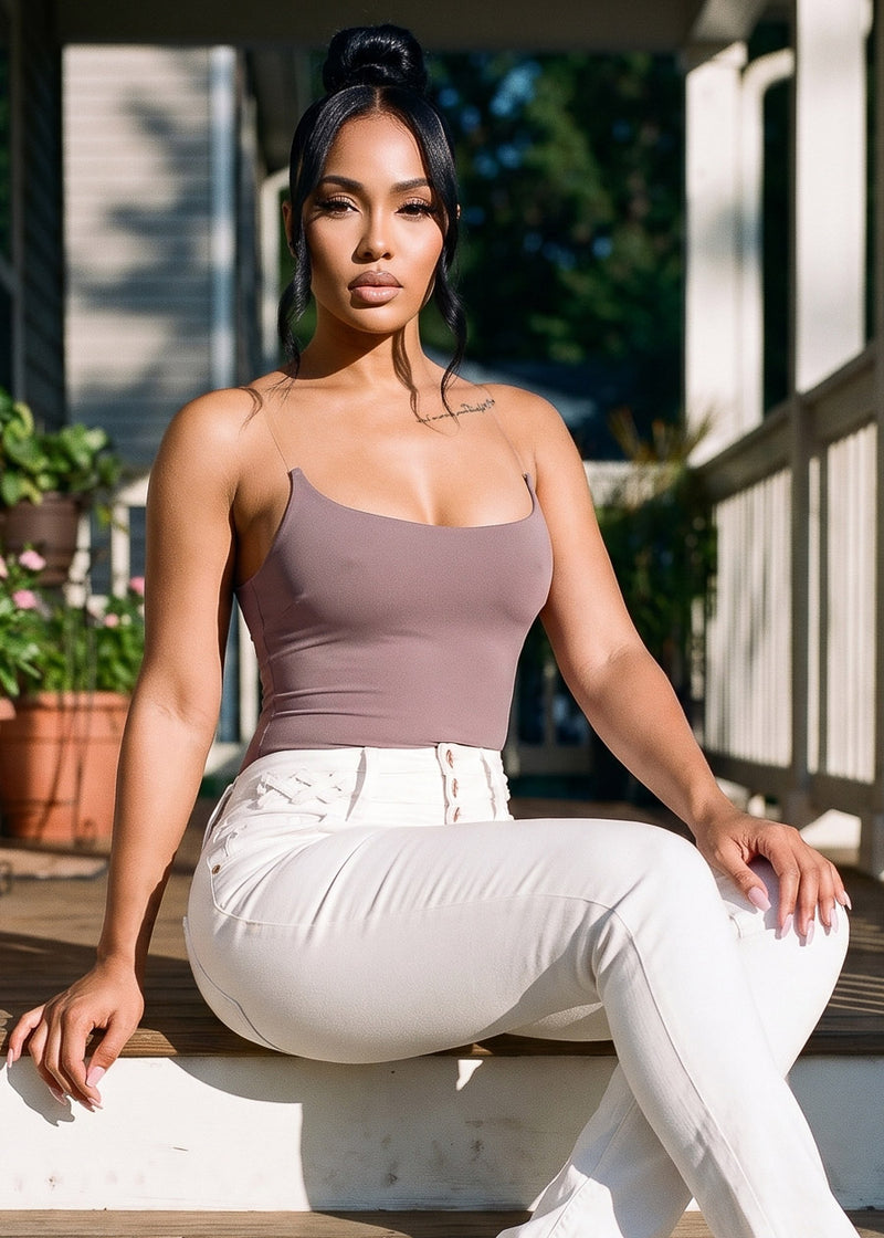 Clear Straps Scoop Neck Stretch Bodysuit Mocha