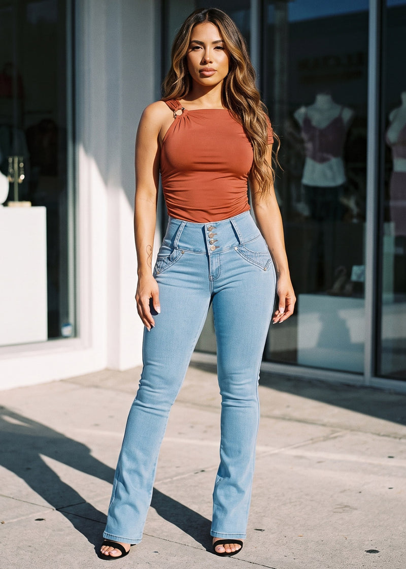 Sleeveless Asymmetrical Neckline Ruched Blouse Rust