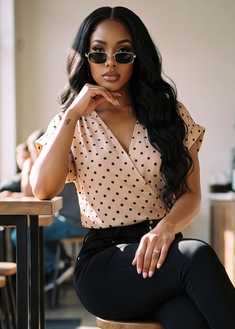 Surplice Short Sleeve Polka Dot Blouse Taupe