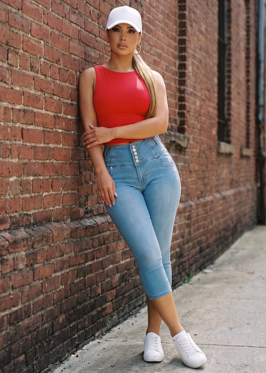 MX JEANS Butt Lift High Waist Stretch Denim Capris Light Blue