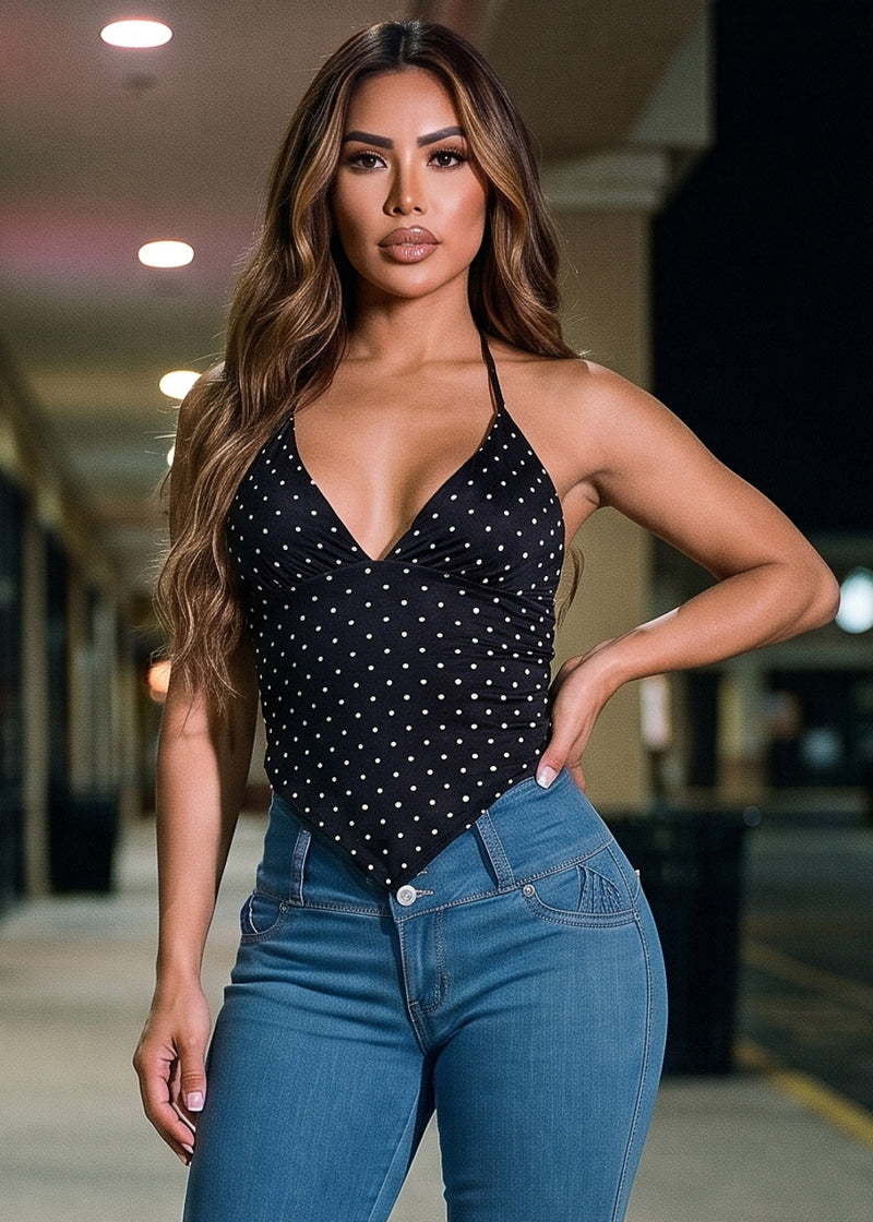 Black Halter Polka Dot Stretch Crop Top