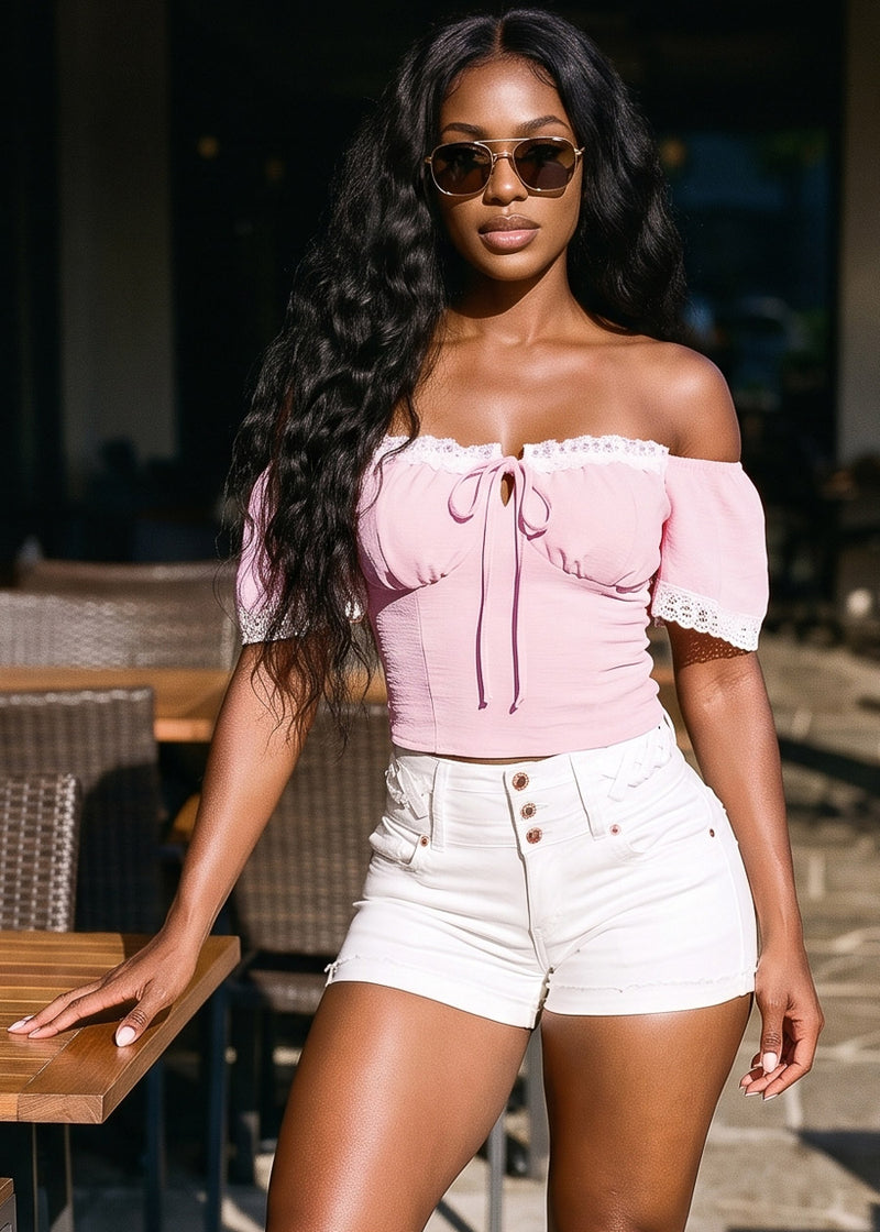 Off Shoulder Stretch Corset Style Blouse Light Pink w Lace Trim