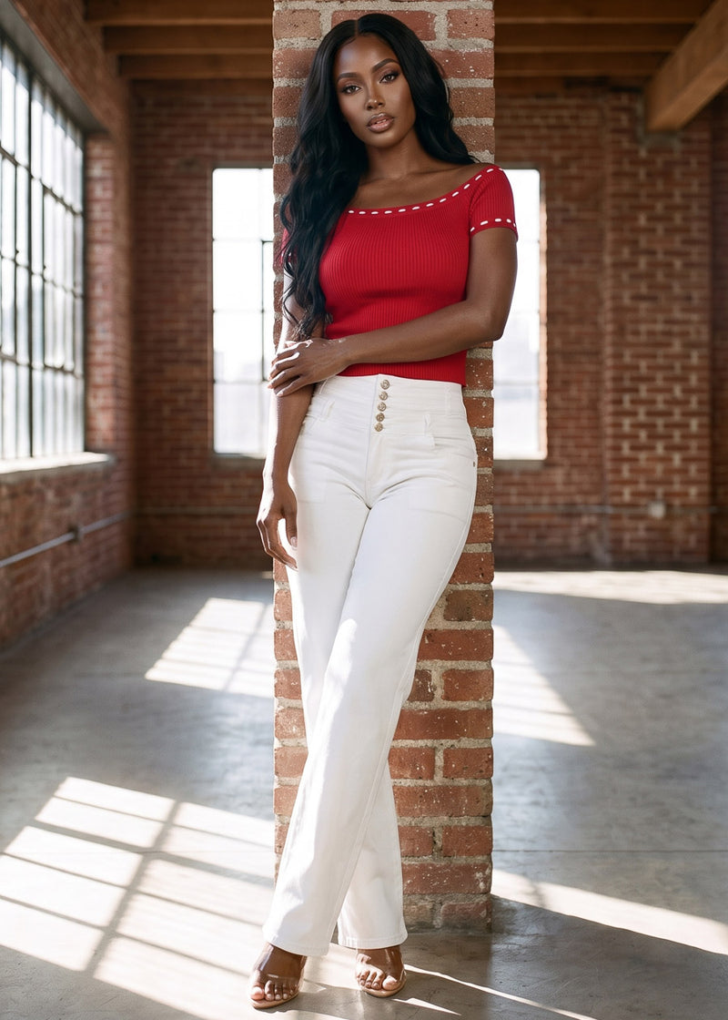 Stretch Off Shoulder Ribbed Top Red
