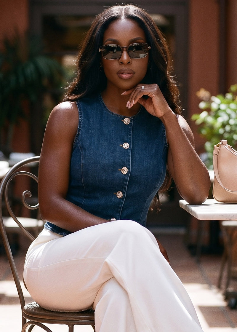 Sleeveless Button Up Stretch Denim Vest Dark Wash