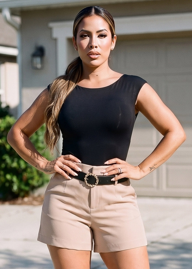 Short Cap Sleeve Boat Neckline Stretch Bodysuit Black