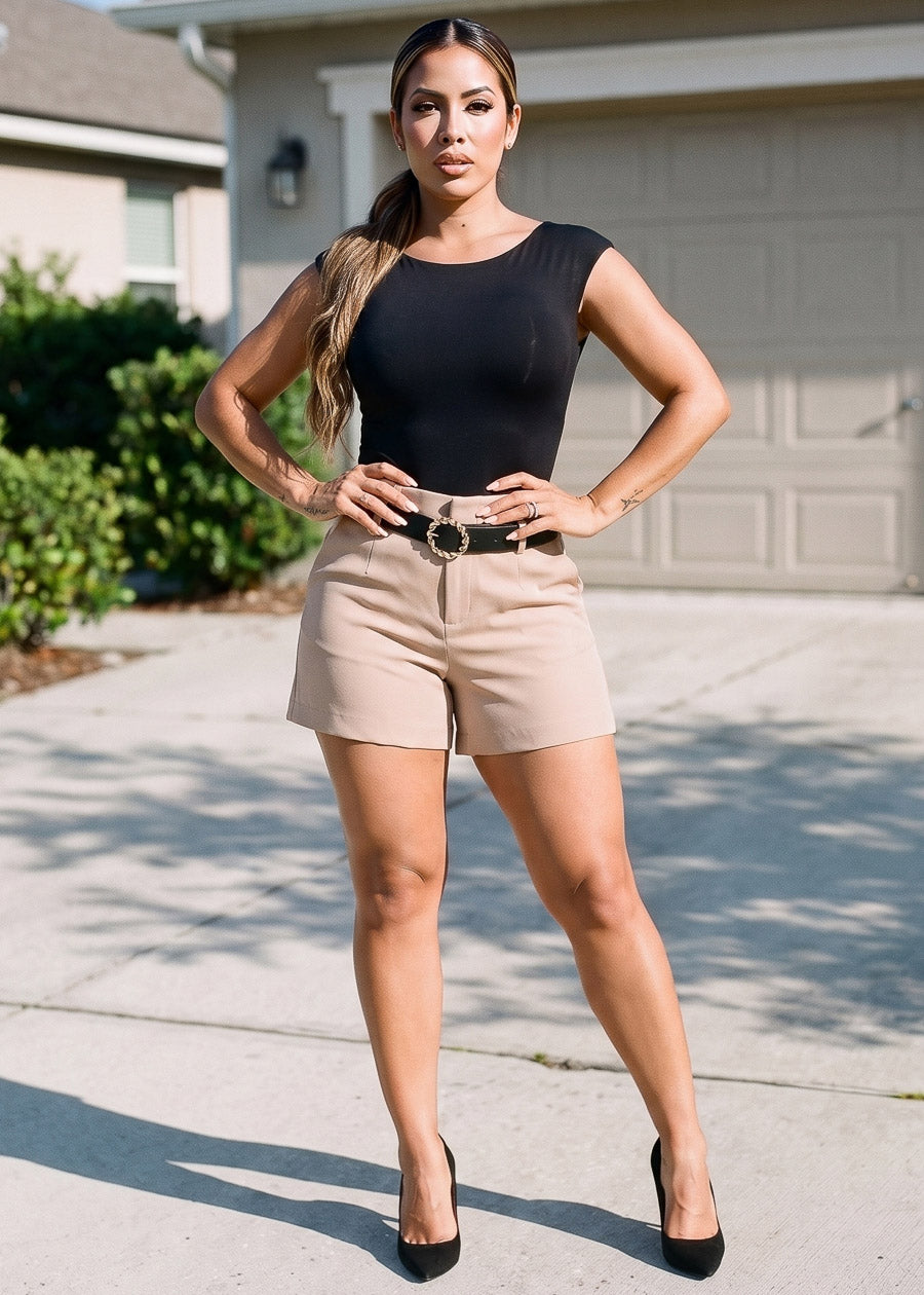 Super High Waisted Belted Stretch Dressy Shorts Khaki