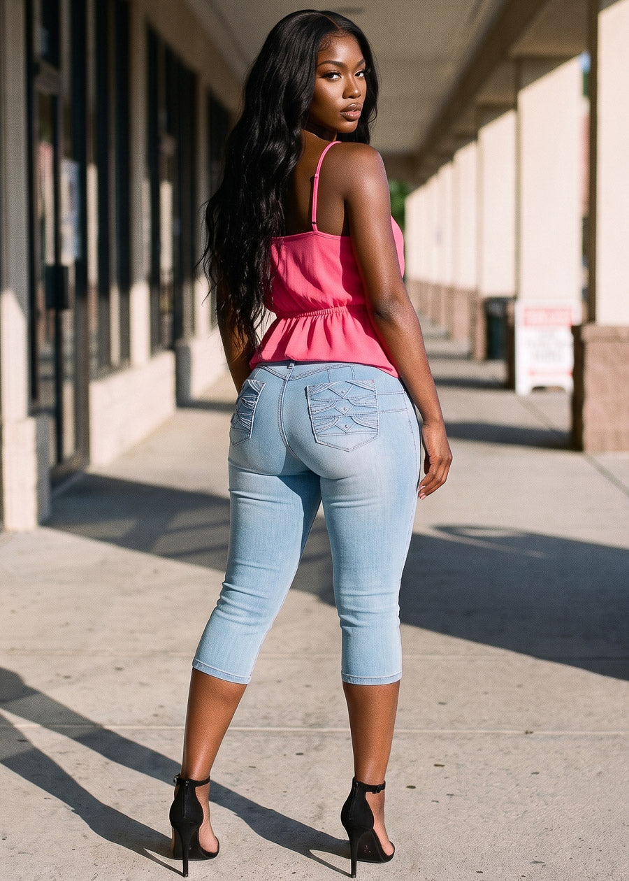Butt Lift Super High Waisted Stretch Denim Capris Light Blue