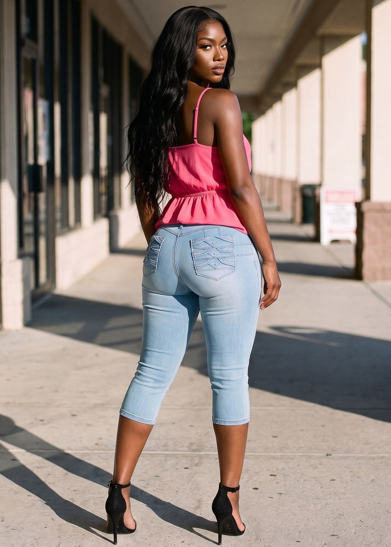 Butt Lift Super High Waisted Stretch Denim Capris Light Blue