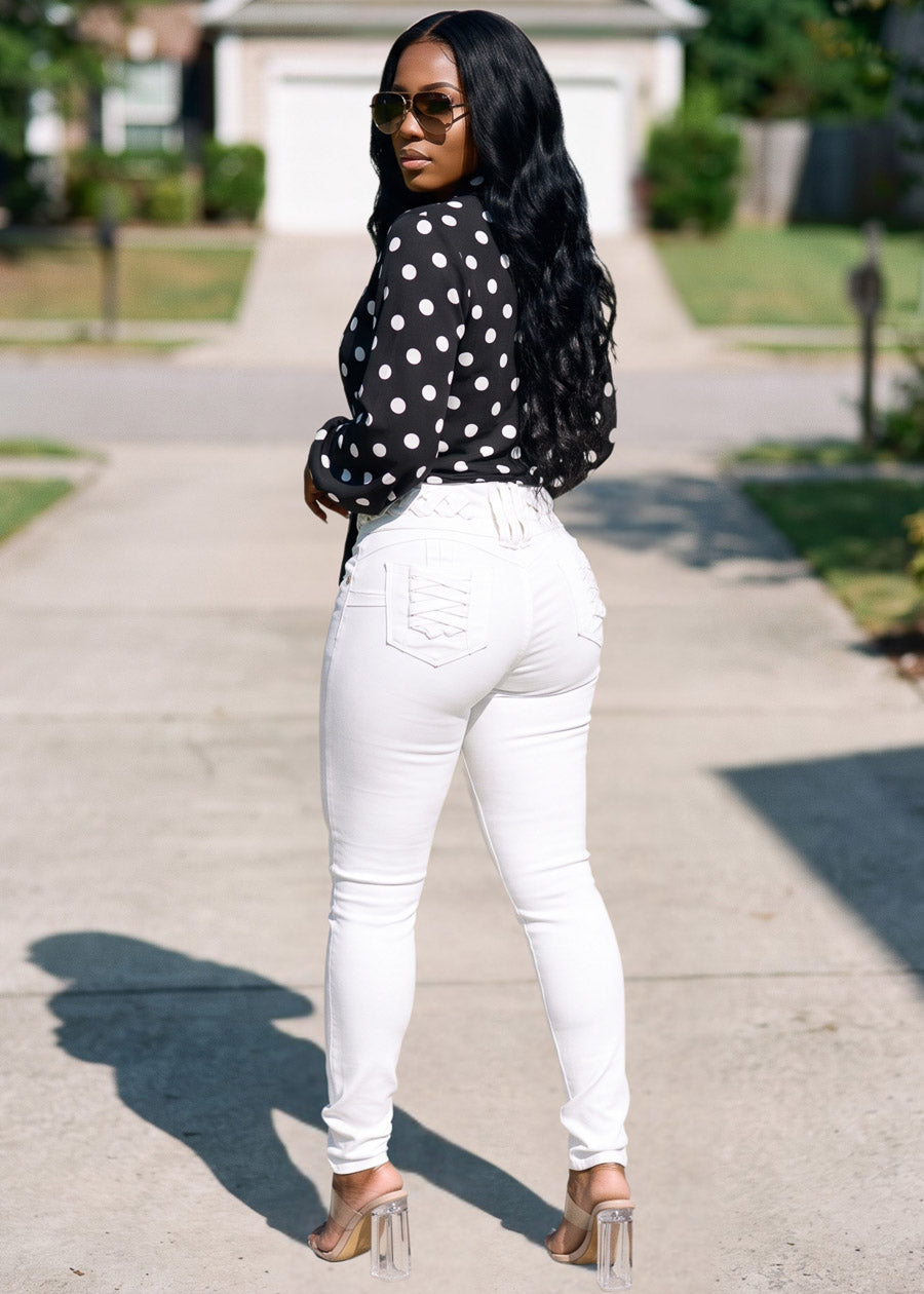 MX JEANS Butt Lift High Waist Stretch Skinny Jeans White w Lace Up Design