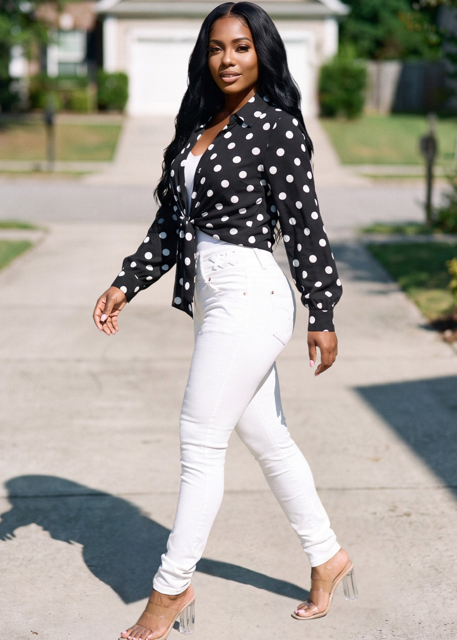Long Sleeve Polka Dot Tie Front Blouse Black