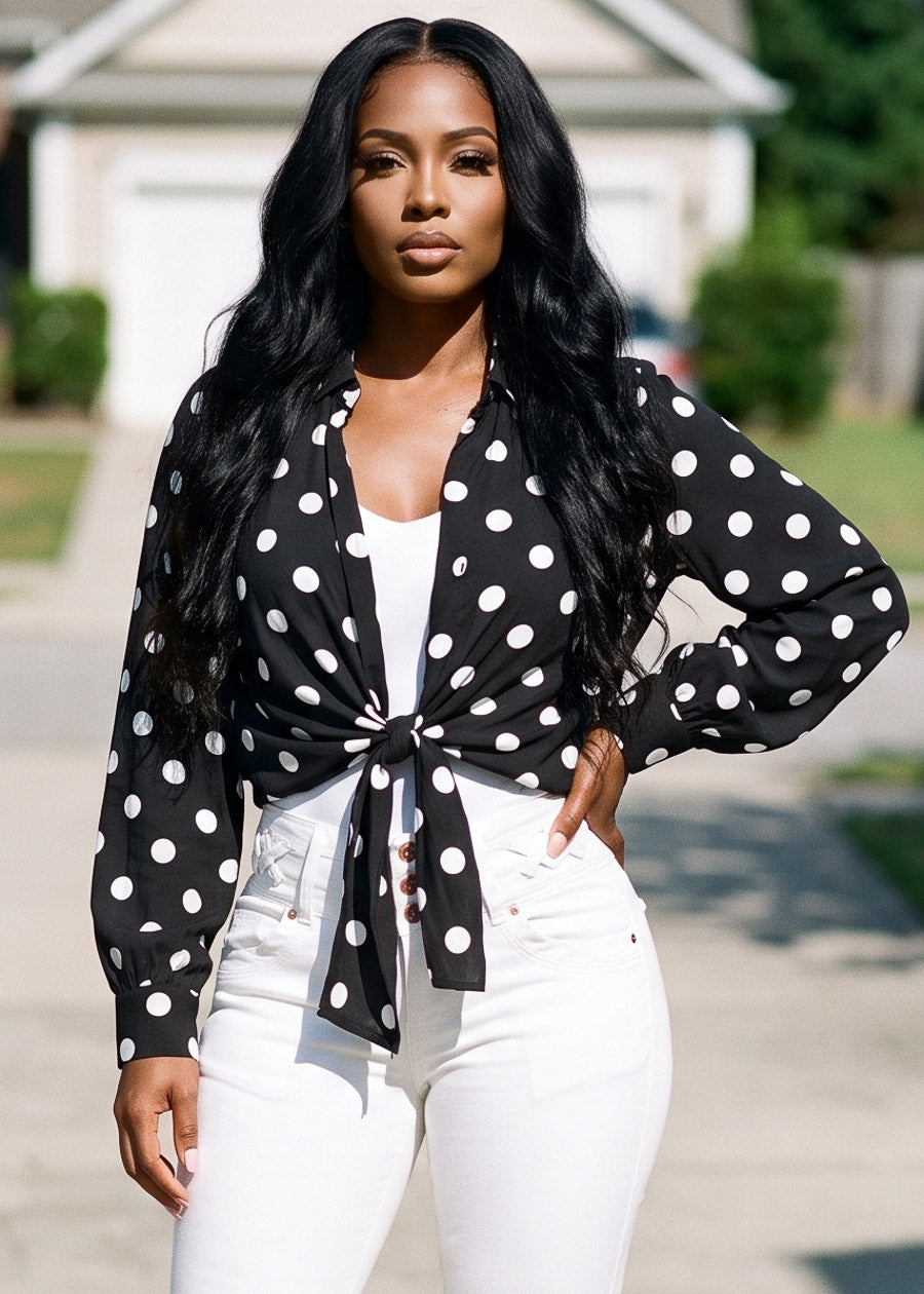 Long Sleeve Polka Dot Tie Front Blouse Black