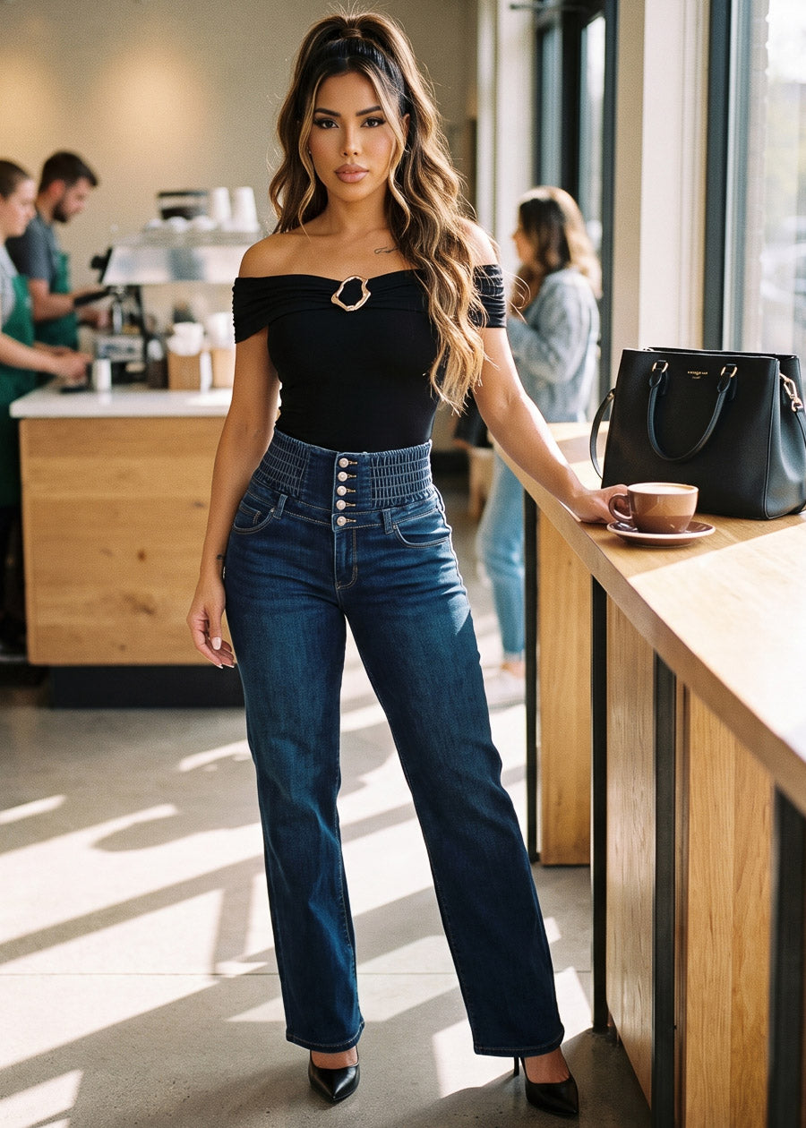 MX JEANS Butt Lift 5 Button Spandex Waist Straight Wide Leg Jeans Dark Wash