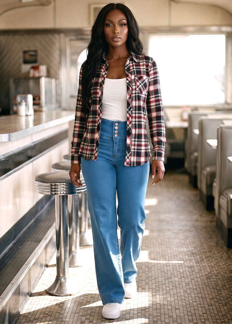 Plaid White Levantacola Wide Denim Trio
