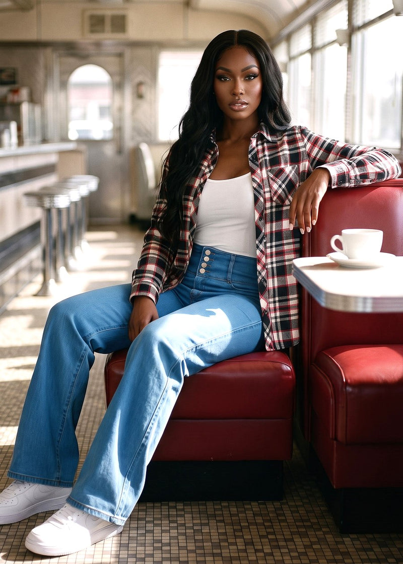 Plaid White Levantacola Wide Denim Trio