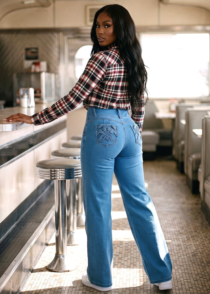 Plaid White Levantacola Wide Denim Trio