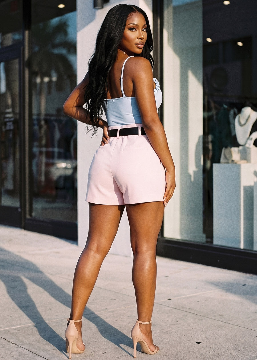 Super High Waisted Belted Stretch Dressy Shorts Light Pink