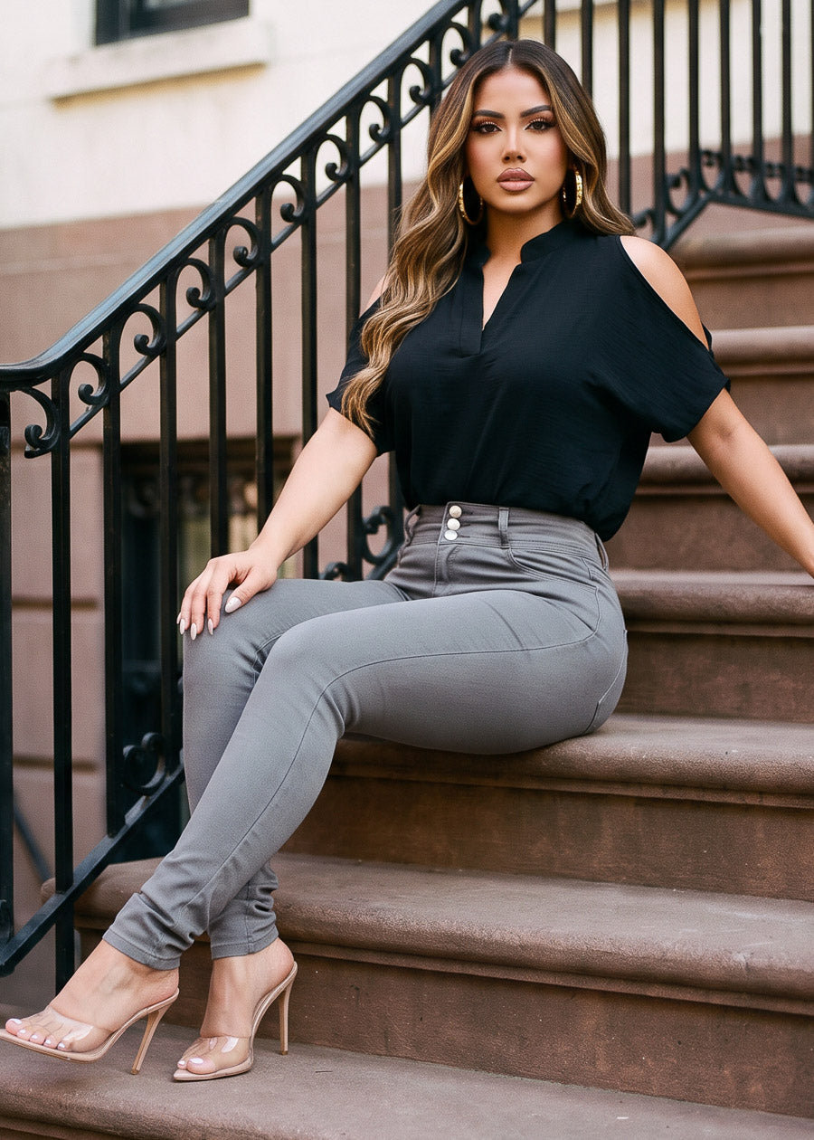Cold Shoulder Vneck Lightweight Tunic Blouse Black