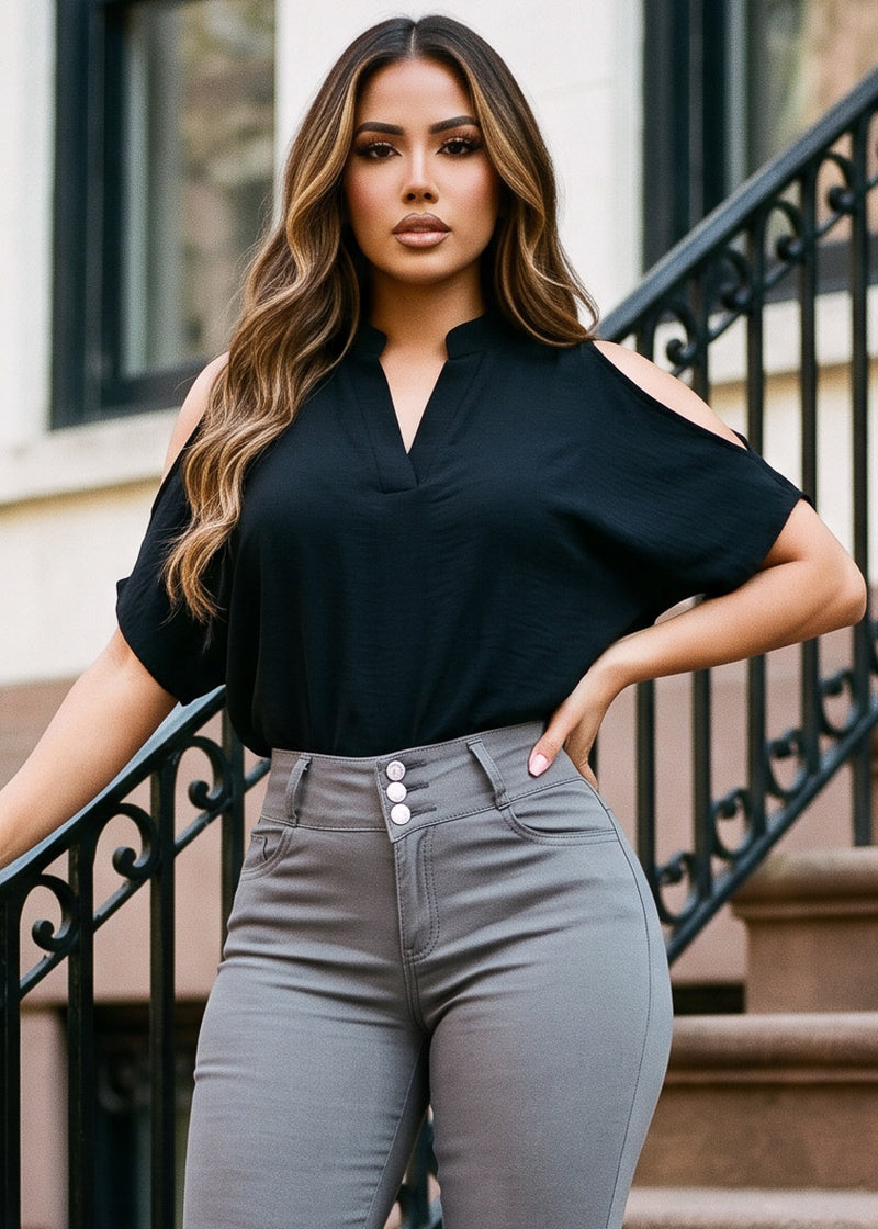 Cold Shoulder Vneck Lightweight Tunic Blouse Black