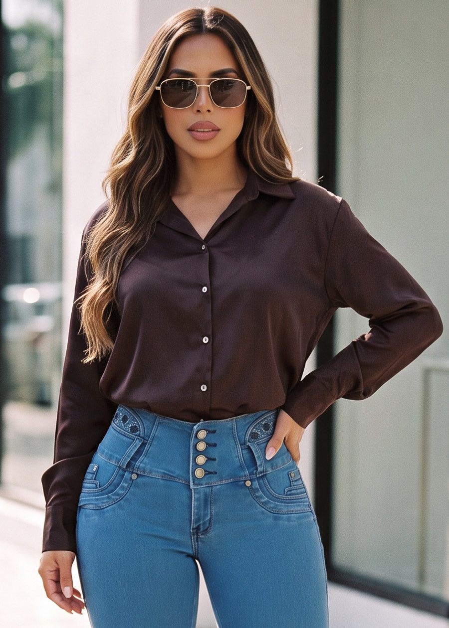 Long Sleeve Button Up Stretch Satin Collared Blouse Brown