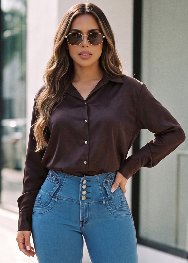 Long Sleeve Button Up Stretch Satin Collared Blouse Brown