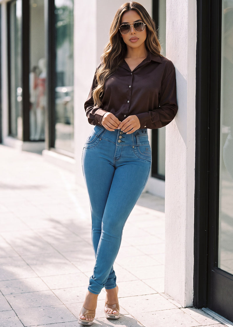 MX JEANS Embroidered Back Butt Lift Stretch Skinny Jeans Med Wash