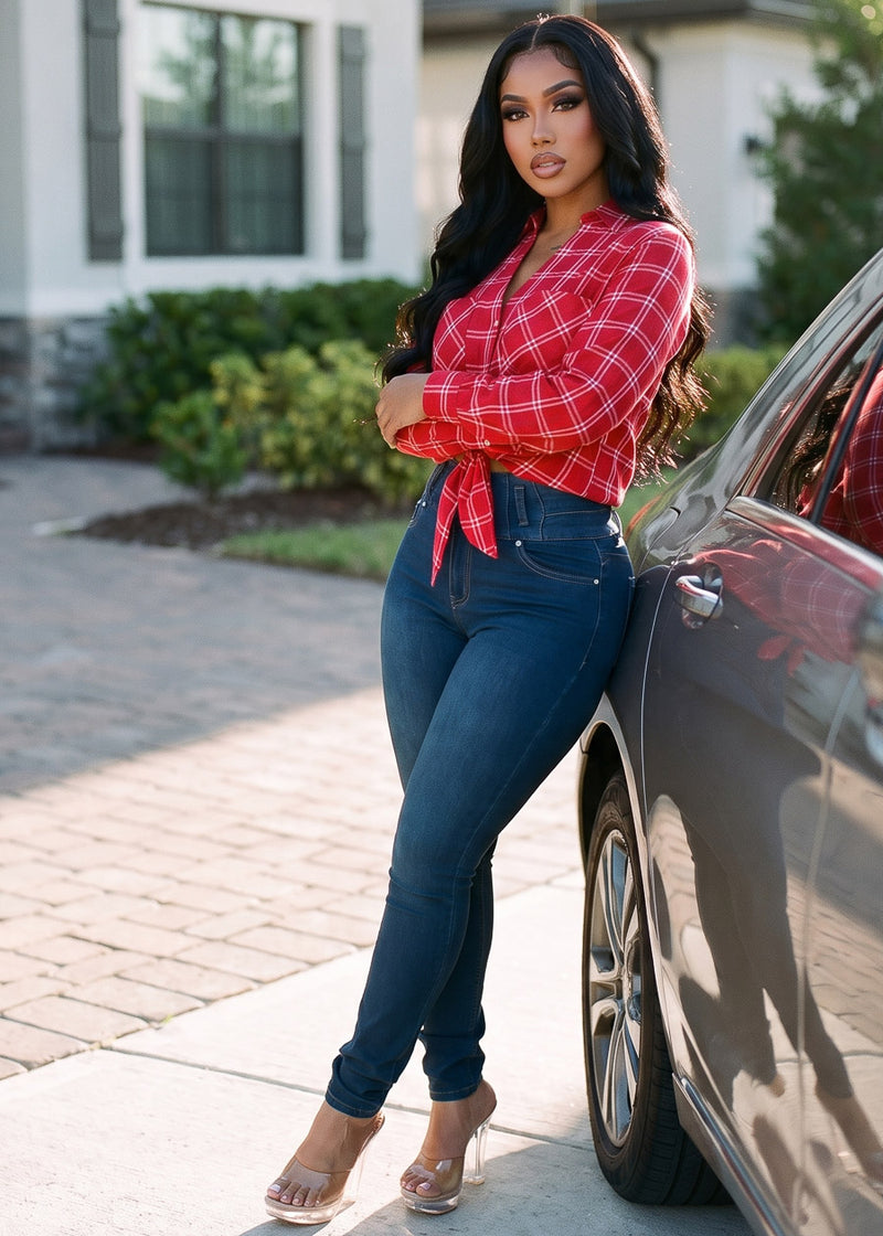 Long Sleeve Button Up Tie Front Plaid Blouse Red