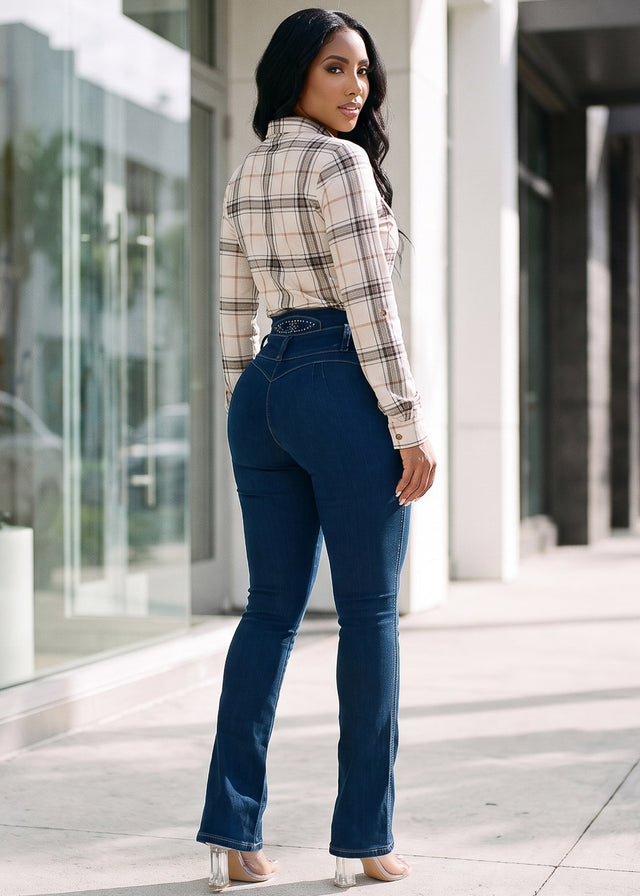 MX JEANS Embroidered Back Butt Lift Stretch Bootcut Jeans Dark Blue