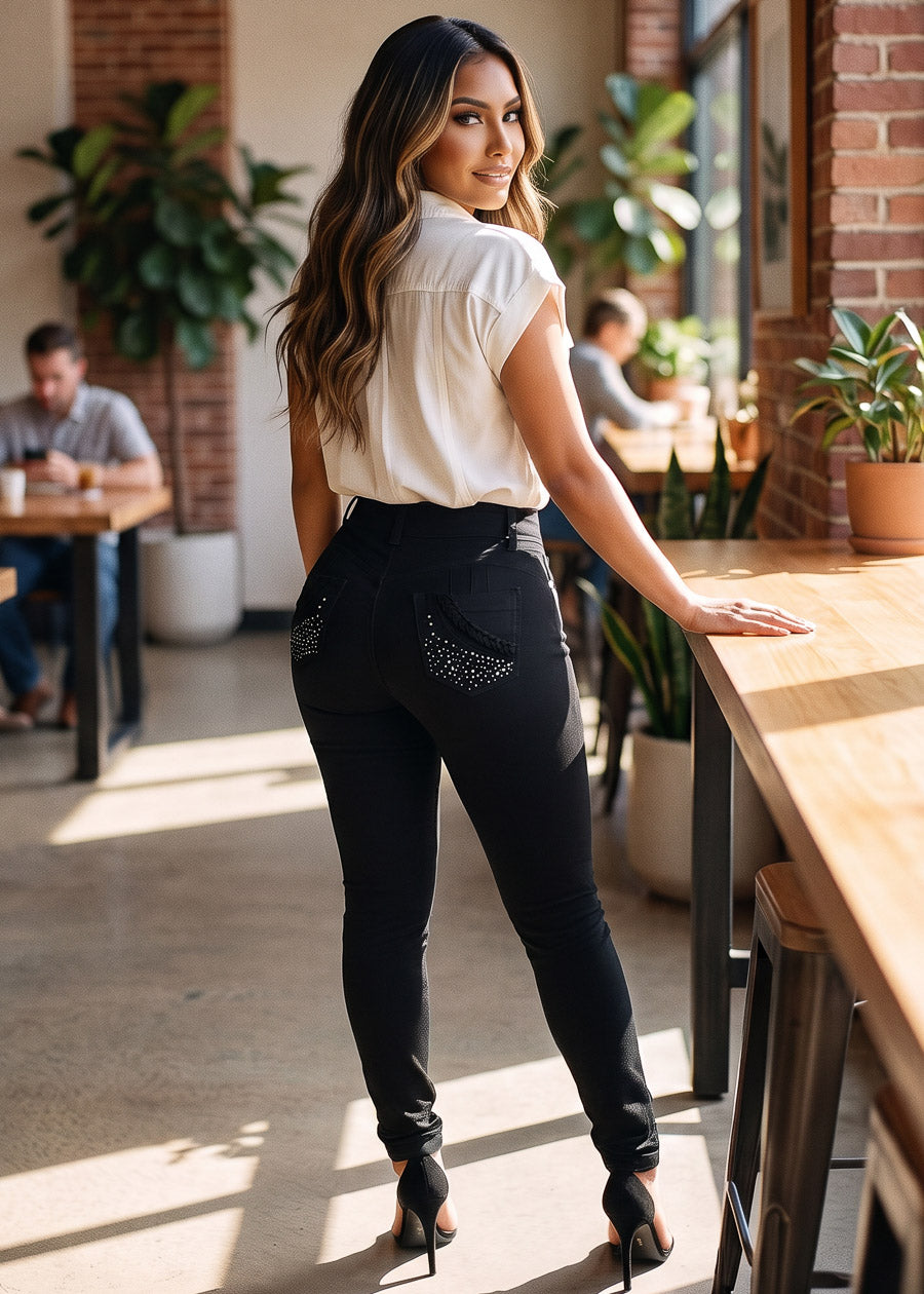 MX JEANS Butt Lift Super High Waist Stretch Skinny Jeans Black w Back Pocket Design