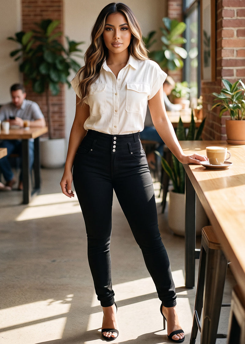 MX JEANS Butt Lift Super High Waist Stretch Skinny Jeans Black w Back Pocket Design